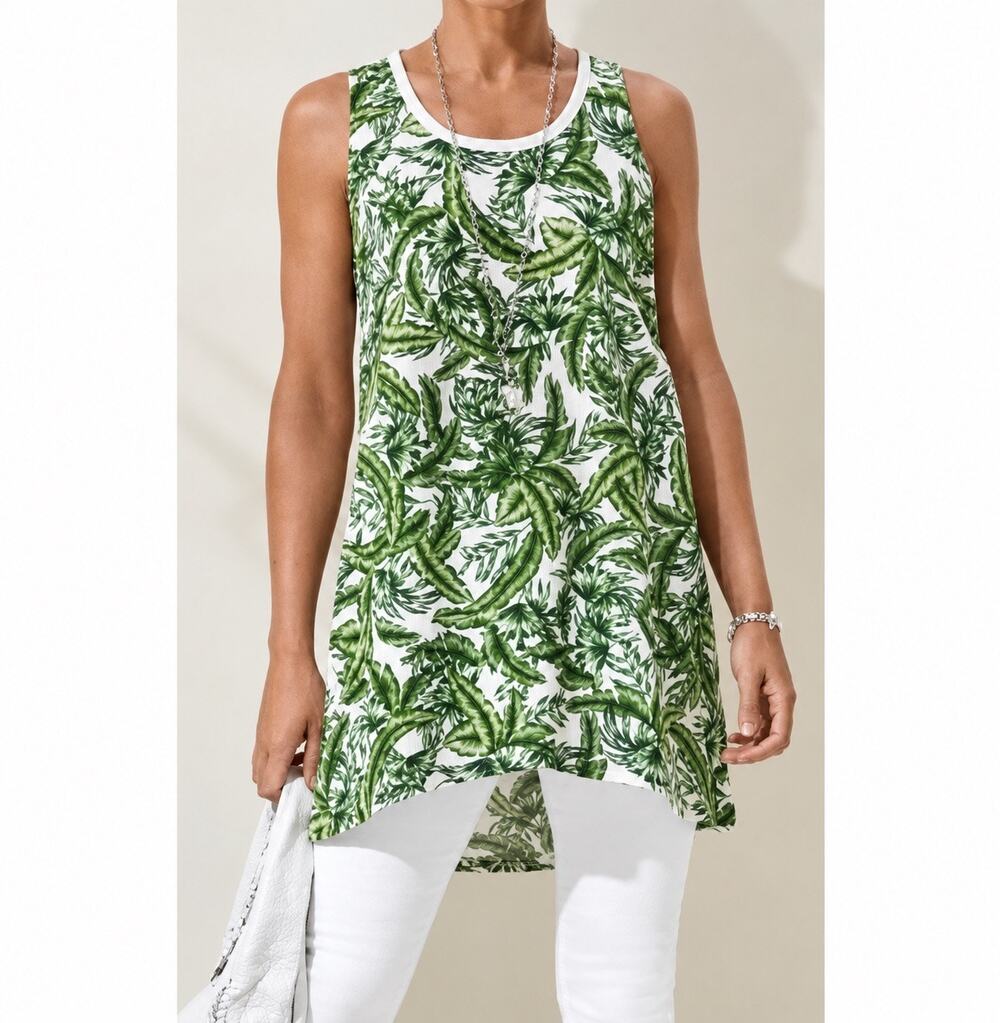 Cabi Tank SZ Medium Paradise Tropical Palm Cover Up Tunic Cotton Sleeveless 5994
